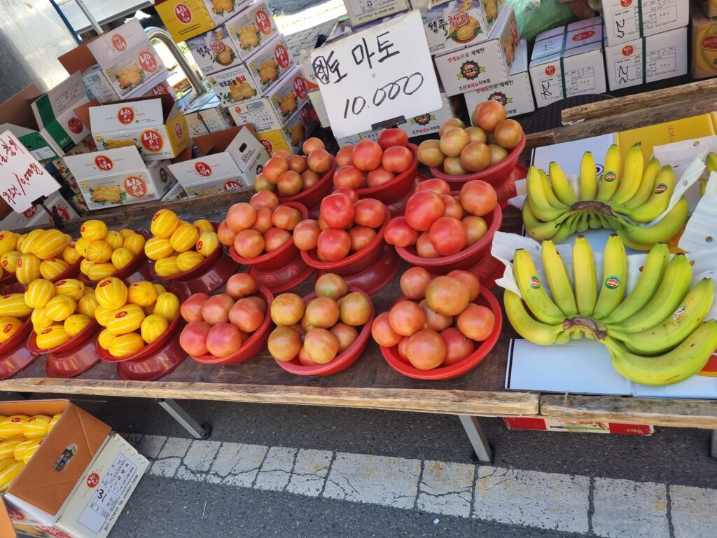 新鮮な食材が並ぶ市場の通路